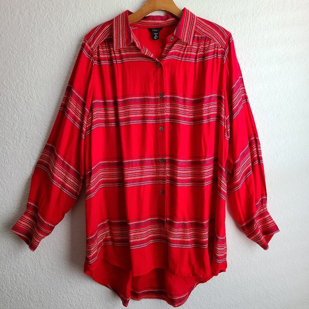 Intro Red Plaid Button Down Blouse